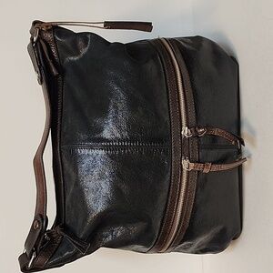 Tano Hobo Bag, Black Leather Purse w/Brown Strap